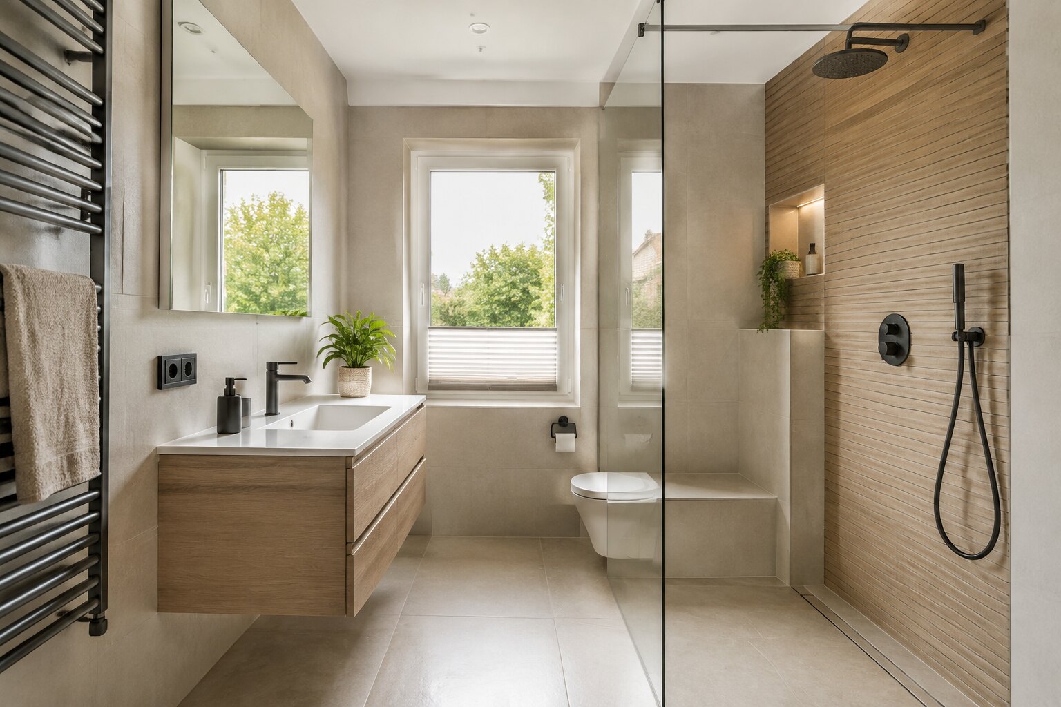 Modern saniertes Badezimmer mit bodengleicher Dusche, Waschtisch und Handtuchheizkörper